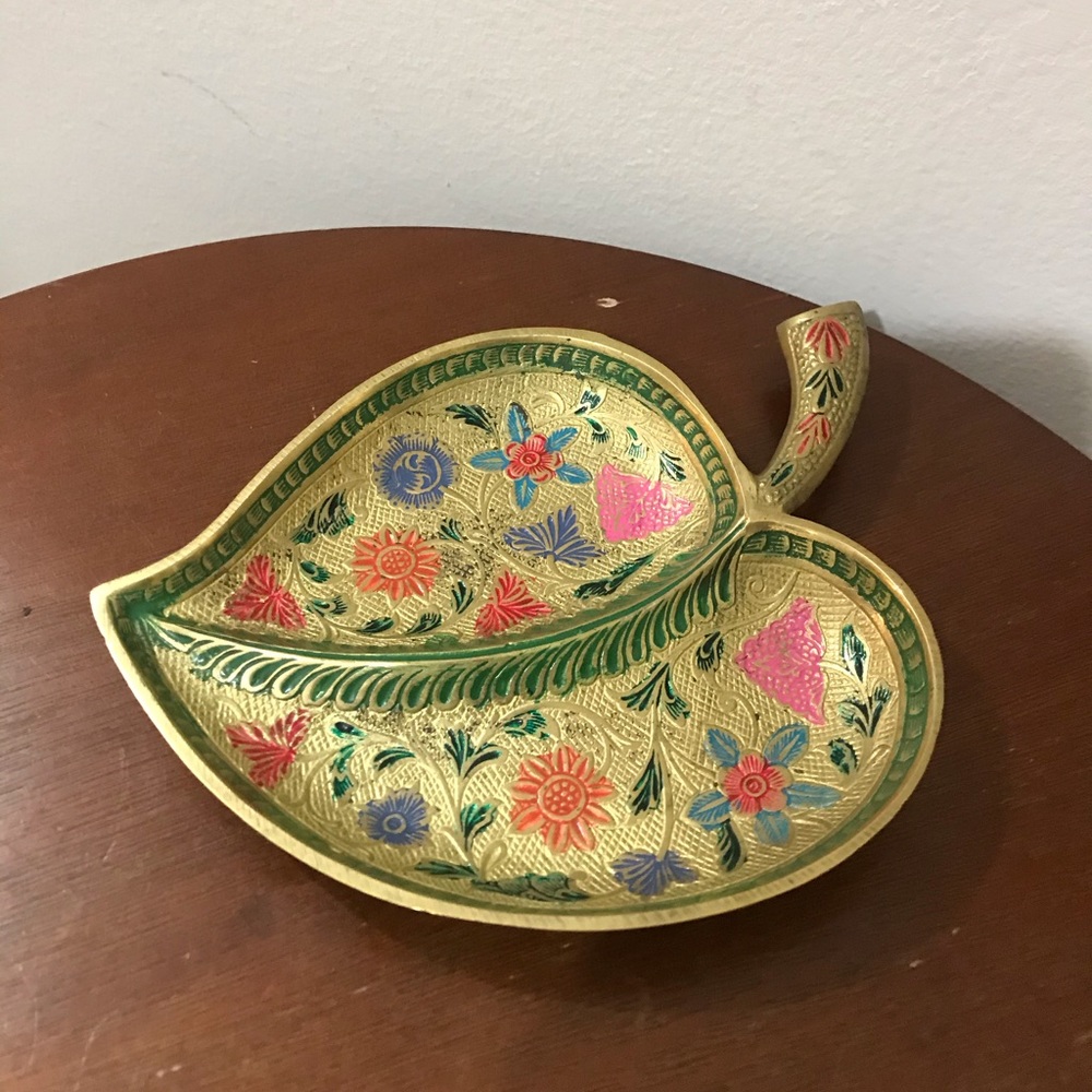 Antique colorful brass leaf shaped trinket dish catch all